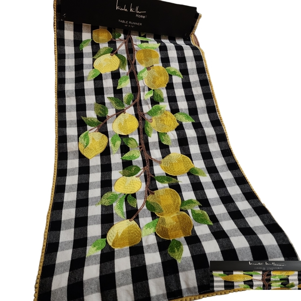 Nicole Miller Black  White Checkered Lemon Print Table Runner 16" x 72"